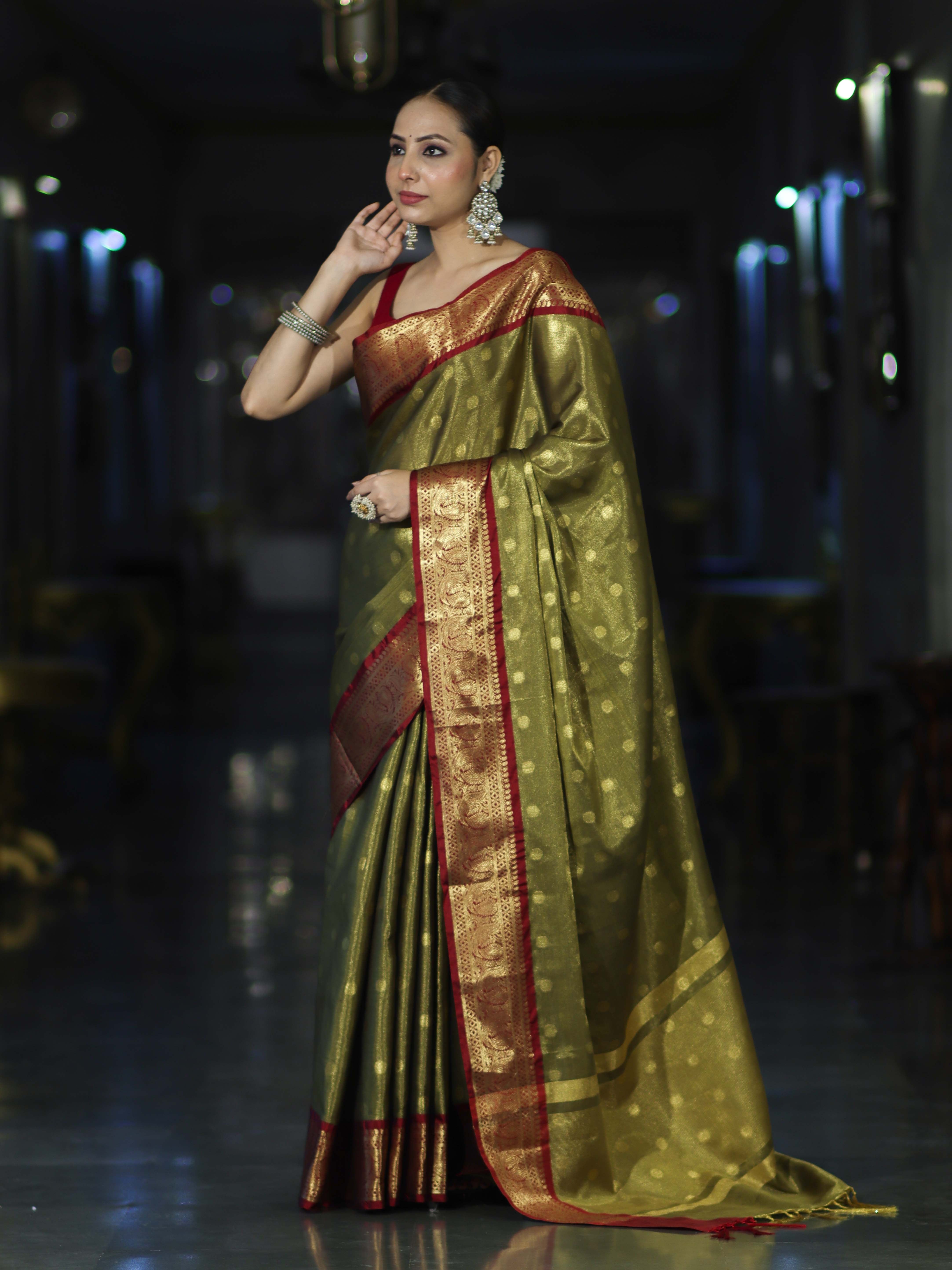 Banarasee Handloom Tissue Saree With Buti Design & Contrast Border-Olive Green & Maroon