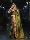 Banarasee Handloom Tissue Saree With Buti Design & Contrast Border-Olive Green & Maroon