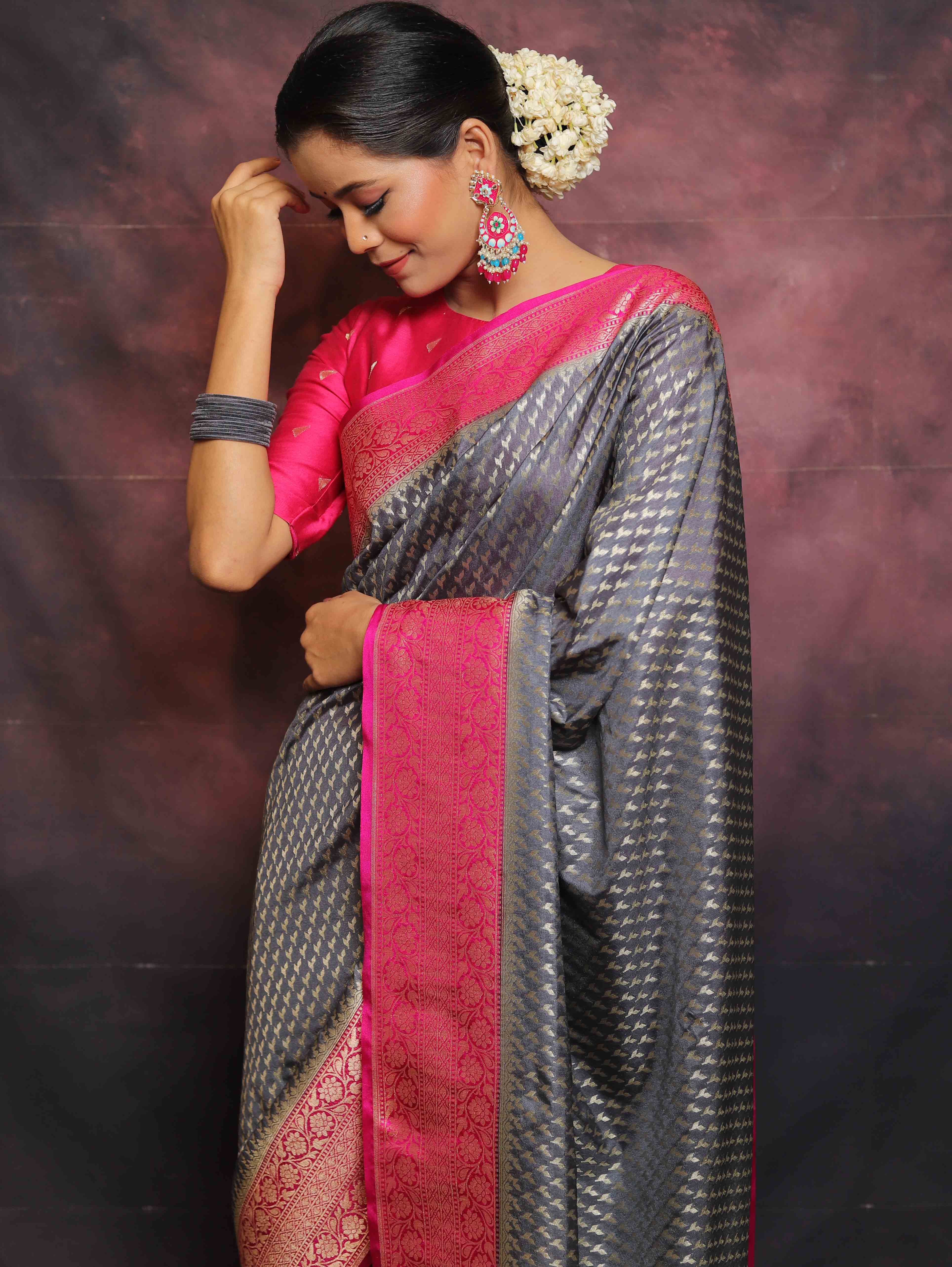 Banarasee Semi-Katan Zari Buta & Contrast Border Saree-Grey & Pink