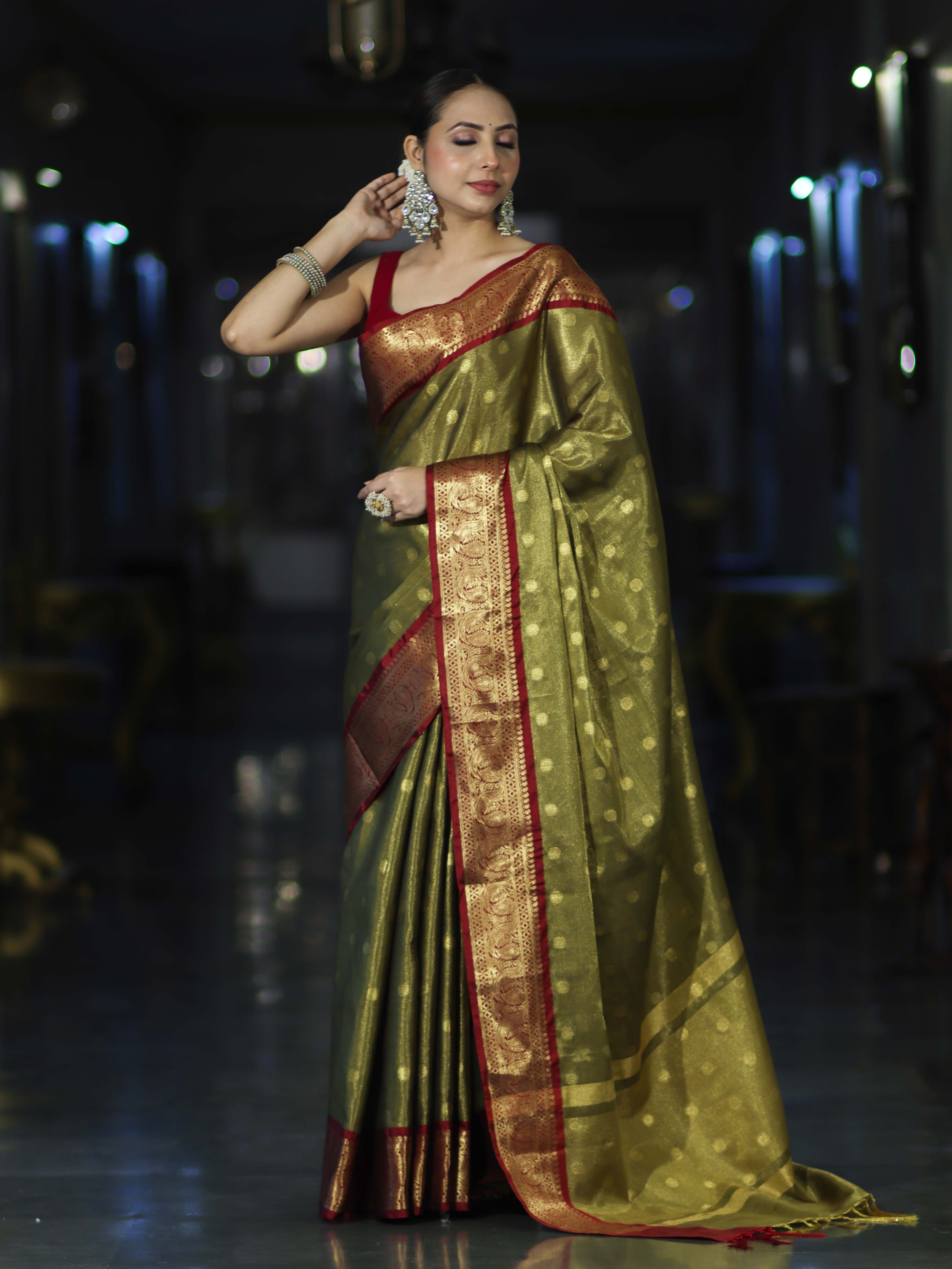 Banarasee Handloom Tissue Saree With Buti Design & Contrast Border-Olive Green & Maroon