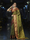 Banarasee Handloom Tissue Saree With Buti Design & Contrast Border-Olive Green & Maroon