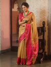 Banarasee Handwoven Plain Tissue Saree With Contrast Zari Border-Gold & Pink