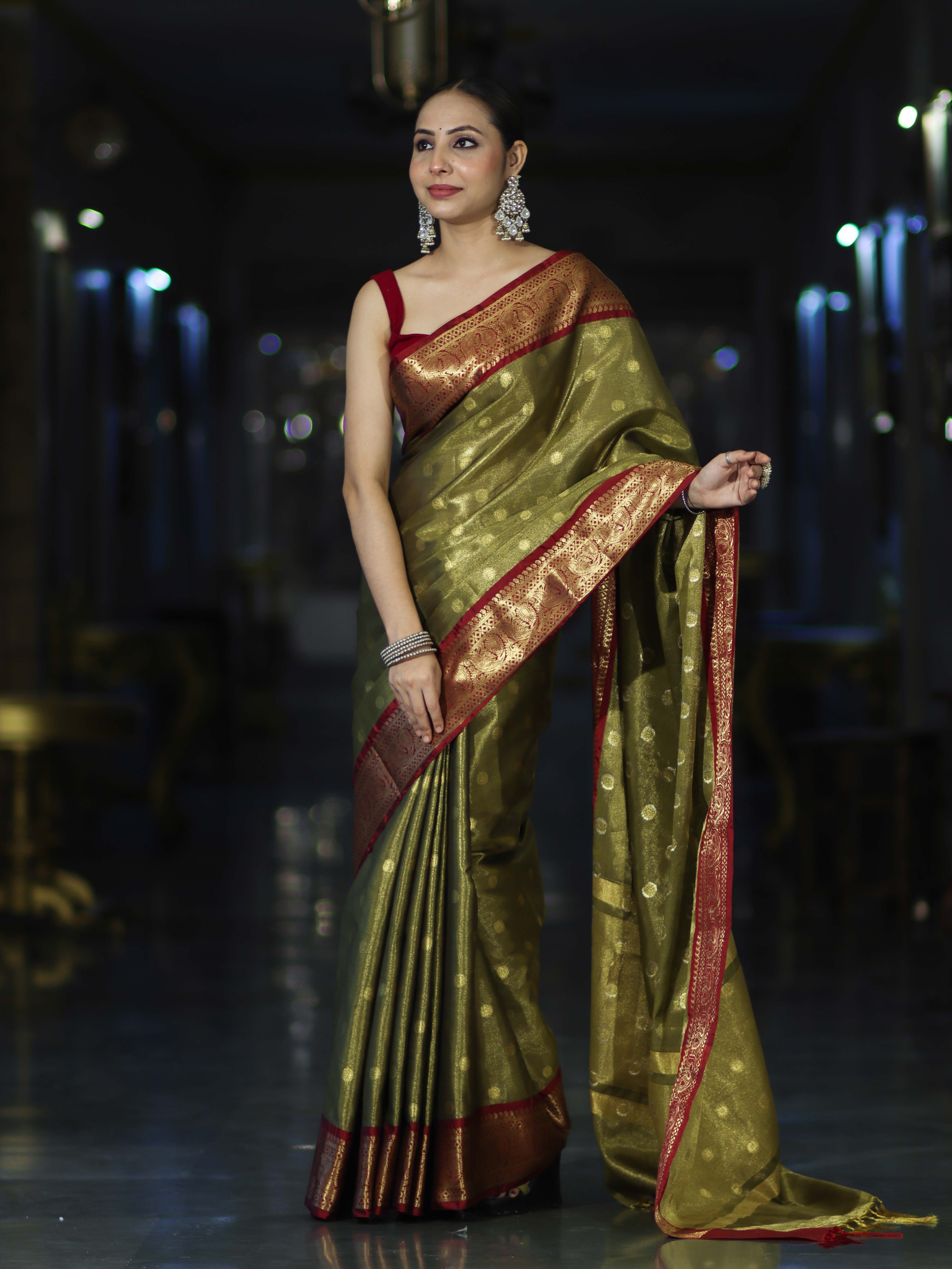 Banarasee Handloom Tissue Saree With Buti Design & Contrast Border-Olive Green & Maroon