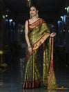 Banarasee Handloom Tissue Saree With Buti Design & Contrast Border-Olive Green & Maroon
