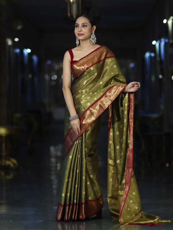 Banarasee Handloom Tissue Saree With Buti Design & Contrast Border-Olive Green & Maroon