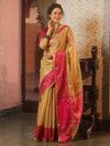 Banarasee Handwoven Plain Tissue Saree With Contrast Zari Border-Gold & Pink