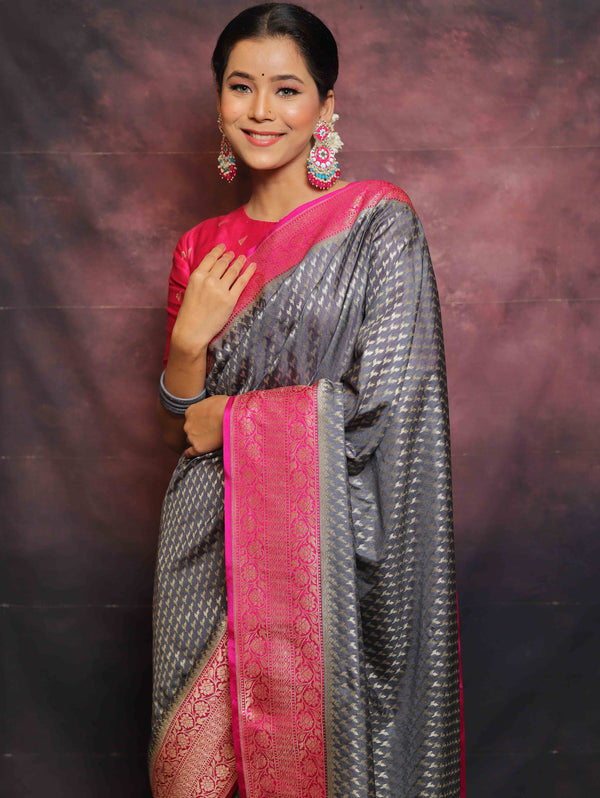 Banarasee Semi-Katan Zari Buta & Contrast Border Saree-Grey & Pink