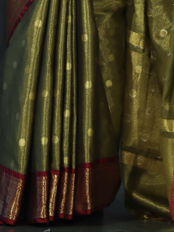 Banarasee Handloom Tissue Saree With Buti Design & Contrast Border-Olive Green & Maroon