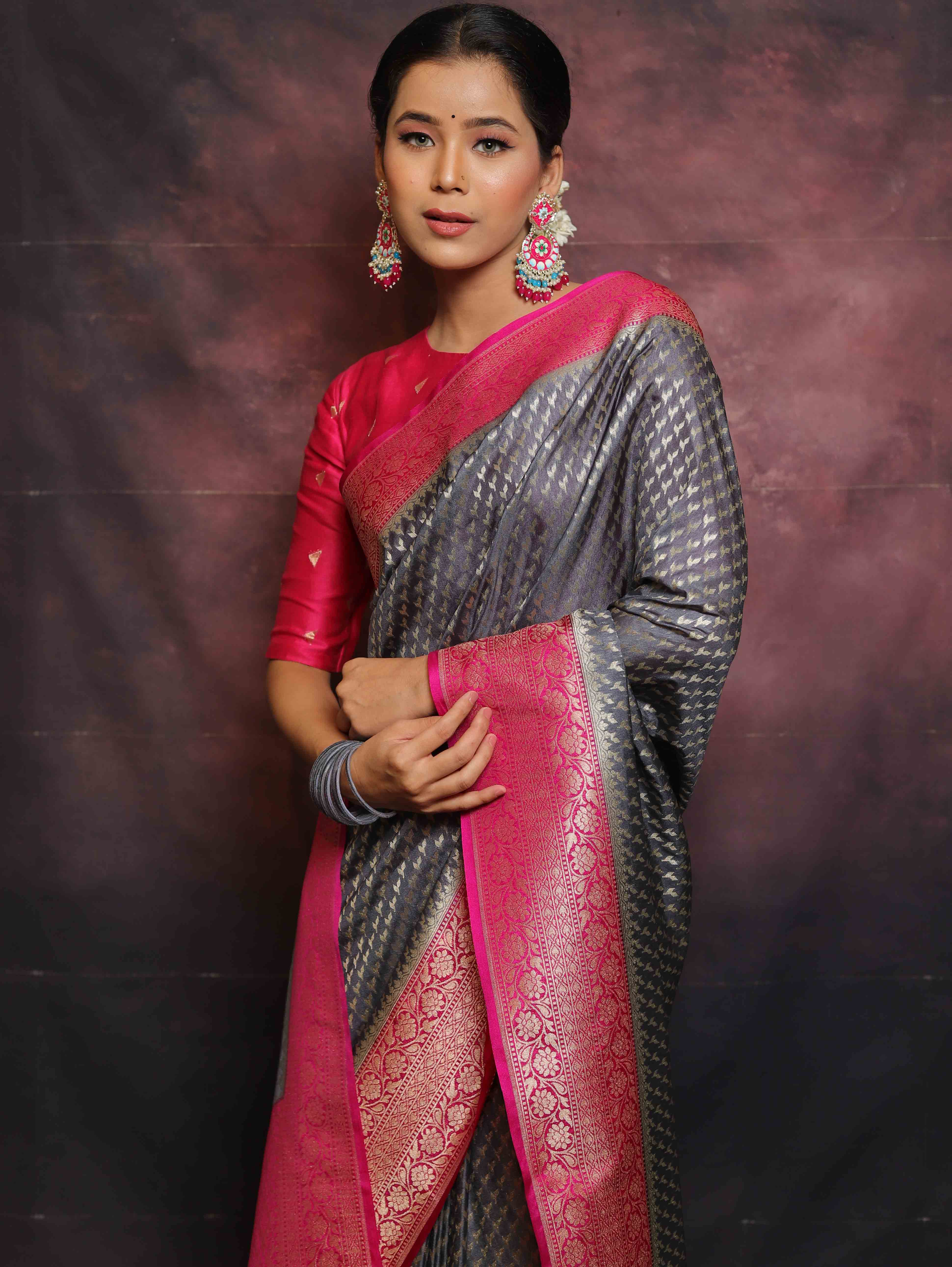 Banarasee Semi-Katan Zari Buta & Contrast Border Saree-Grey & Pink