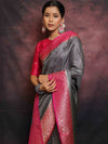 Banarasee Semi-Katan Zari Buta & Contrast Border Saree-Grey & Pink