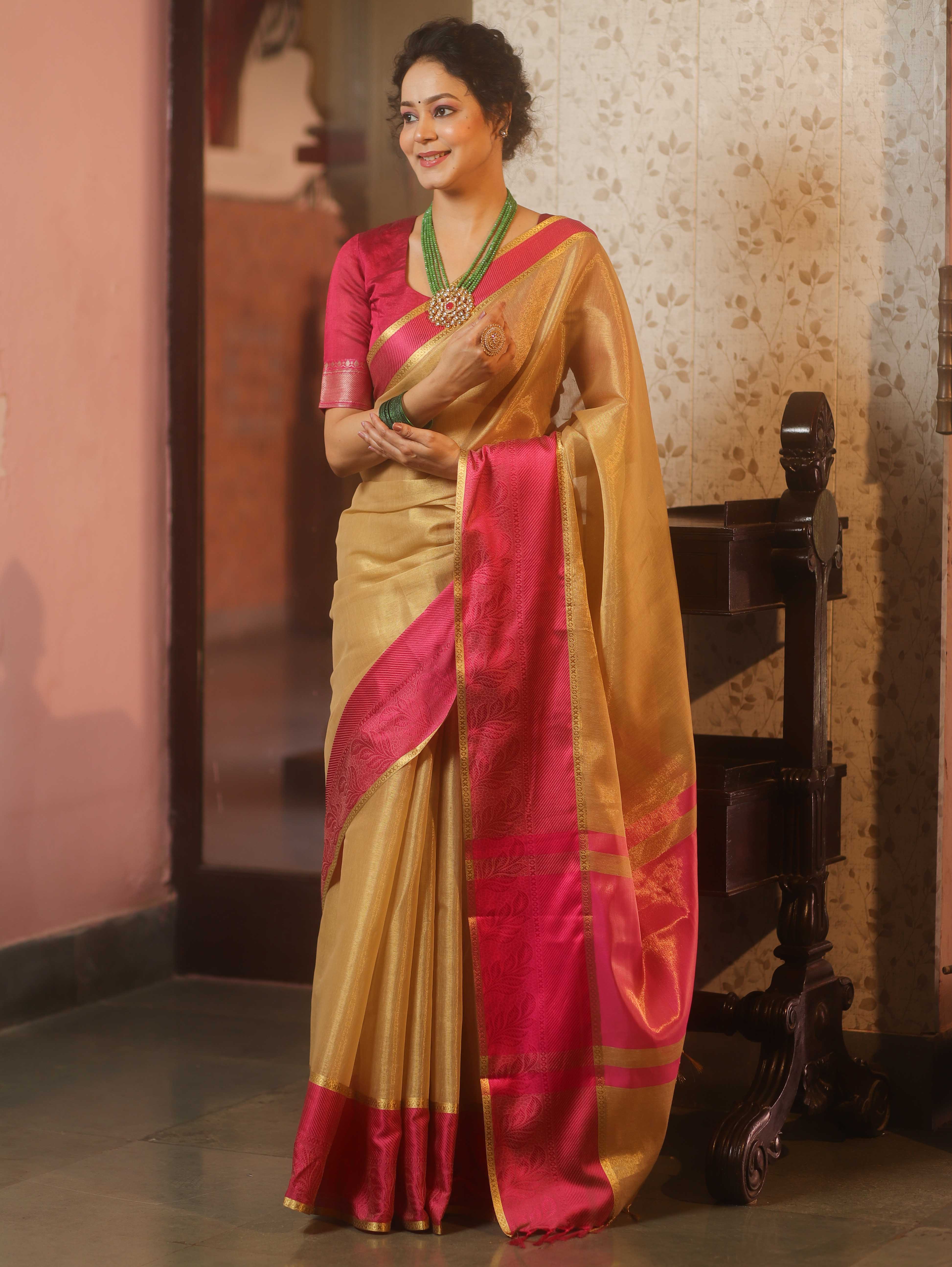 Banarasee Handwoven Plain Tissue Saree With Contrast Zari Border-Gold & Pink