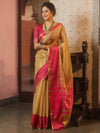 Banarasee Handwoven Plain Tissue Saree With Contrast Zari Border-Gold & Pink