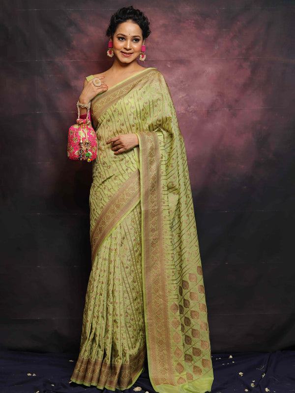 Banarasee Semi-Chiffon Antique Zari Saree-Light Green