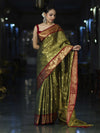 Banarasee Handloom Tissue Saree With Buti Design & Contrast Border-Olive Green & Maroon
