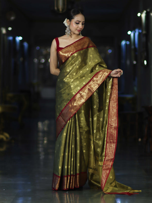 Banarasee Handloom Tissue Saree With Buti Design & Contrast Border-Olive Green & Maroon
