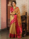Banarasee Handwoven Plain Tissue Saree With Contrast Zari Border-Gold & Pink