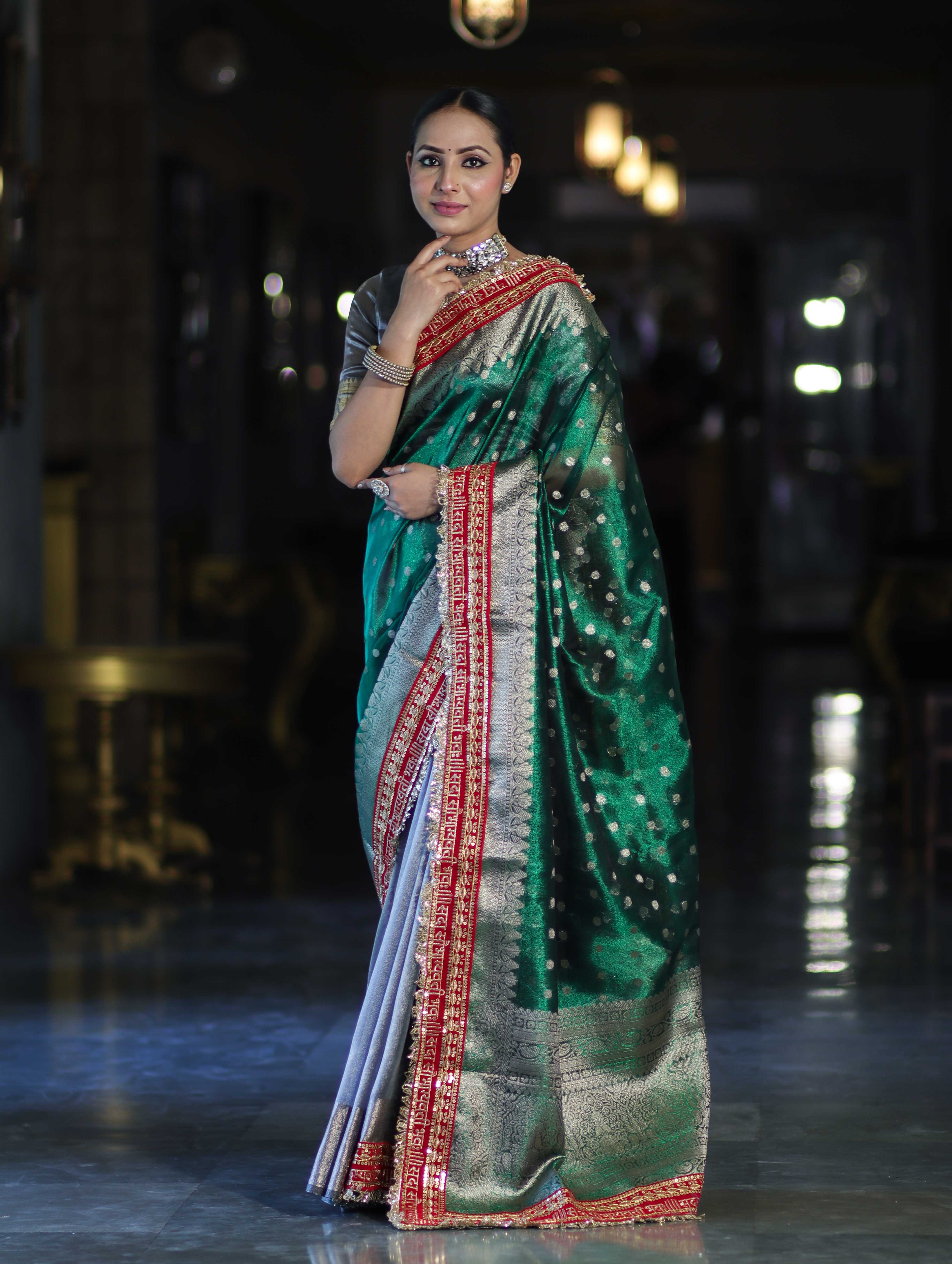 Banarasee Handloom Tissue (Saubhagyavati Bhava) Lace Saree With Buti Design Border & Lace-Green