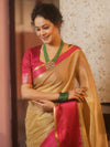 Banarasee Handwoven Plain Tissue Saree With Contrast Zari Border-Gold & Pink