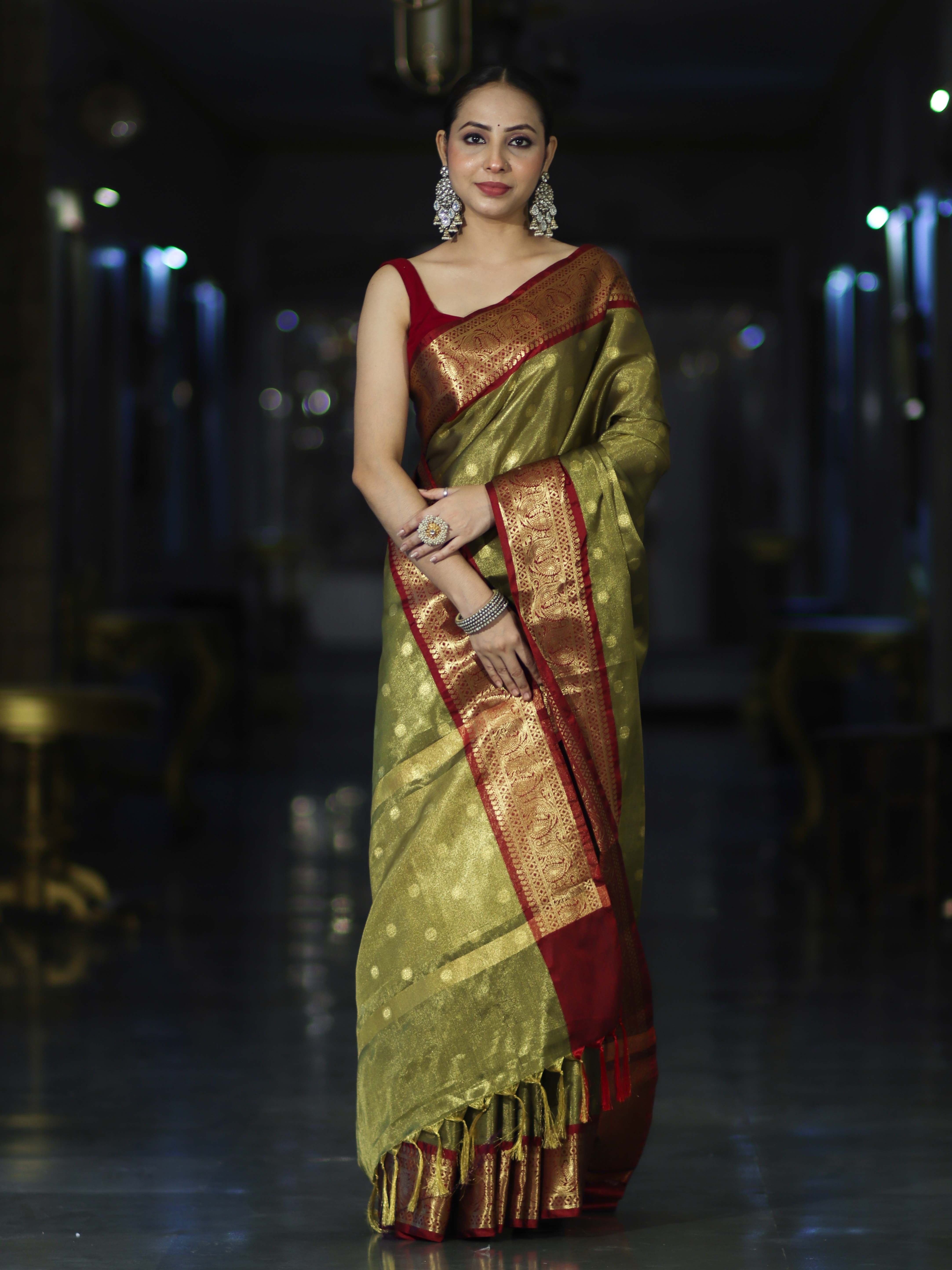Banarasee Handloom Tissue Saree With Buti Design & Contrast Border-Olive Green & Maroon