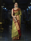 Banarasee Handloom Tissue Saree With Buti Design & Contrast Border-Olive Green & Maroon