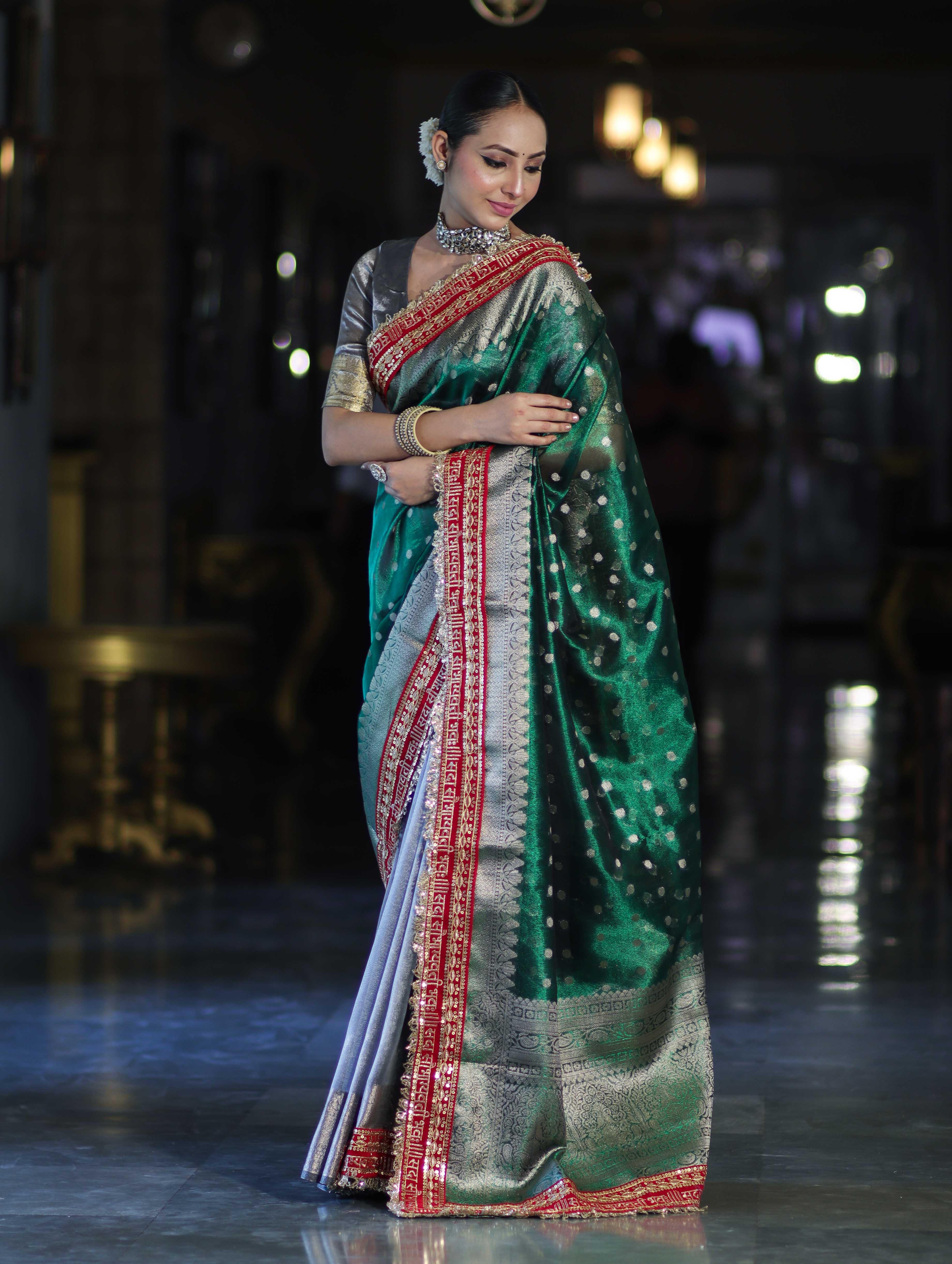 Banarasee Handloom Tissue (Saubhagyavati Bhava) Lace Saree With Buti Design Border & Lace-Green