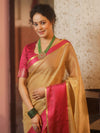 Banarasee Handwoven Plain Tissue Saree With Contrast Zari Border-Gold & Pink