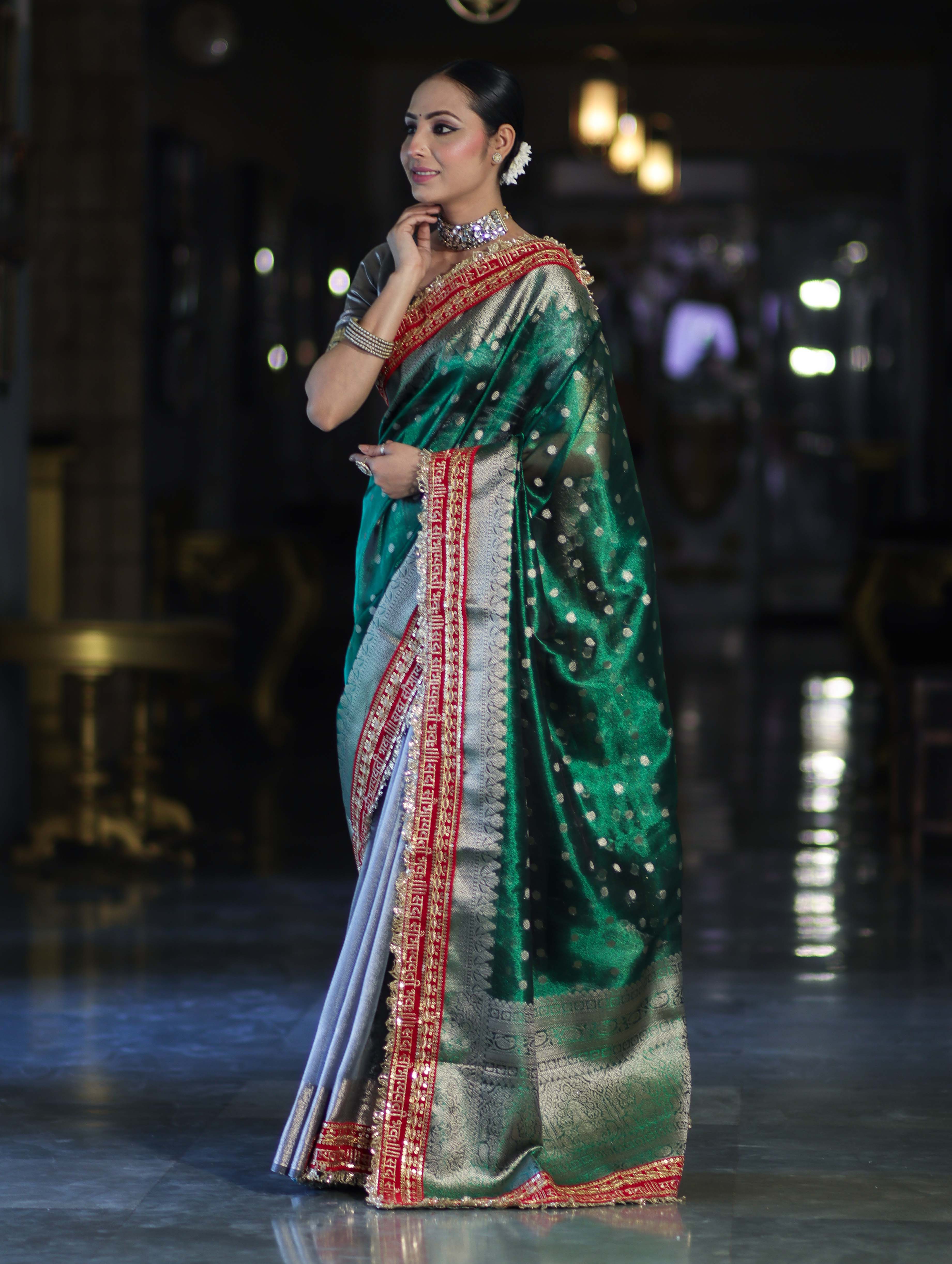 Banarasee Handloom Tissue (Saubhagyavati Bhava) Lace Saree With Buti Design Border & Lace-Green