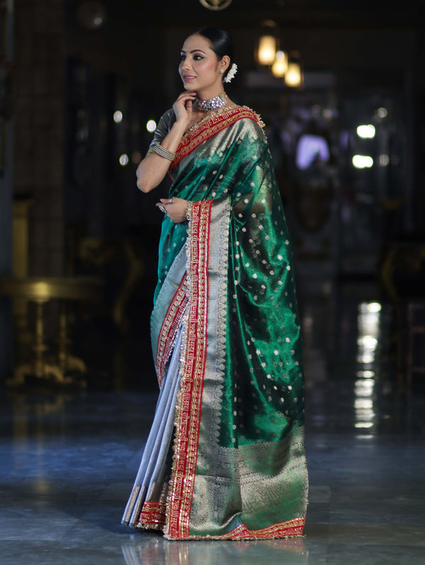 Banarasee Handloom Tissue (Saubhagyavati Bhava) Lace Saree With Buti Design Border & Lace-Green