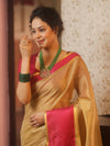 Banarasee Handwoven Plain Tissue Saree With Contrast Zari Border-Gold & Pink