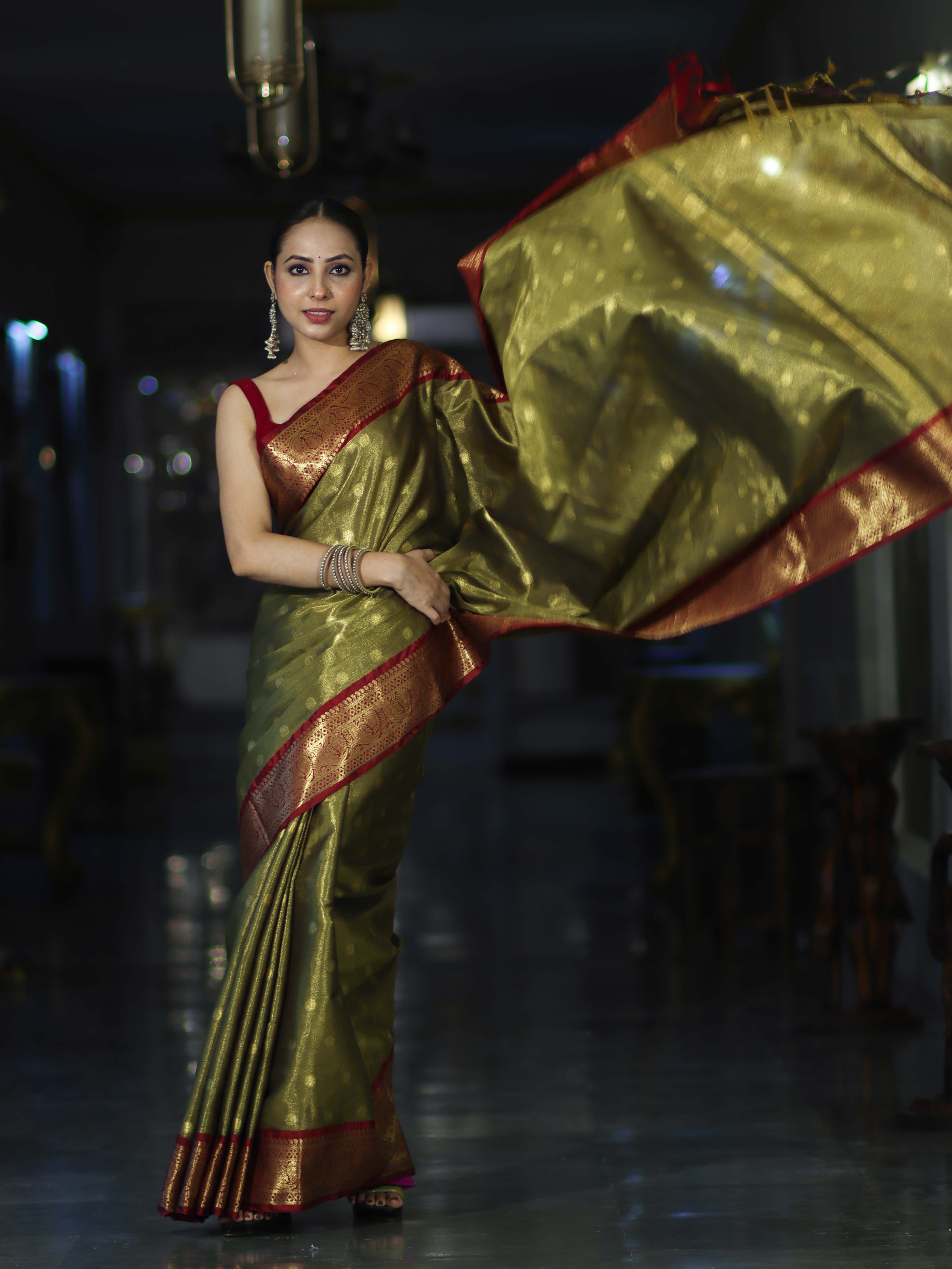 Banarasee Handloom Tissue Saree With Buti Design & Contrast Border-Olive Green & Maroon
