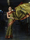 Banarasee Handloom Tissue Saree With Buti Design & Contrast Border-Olive Green & Maroon