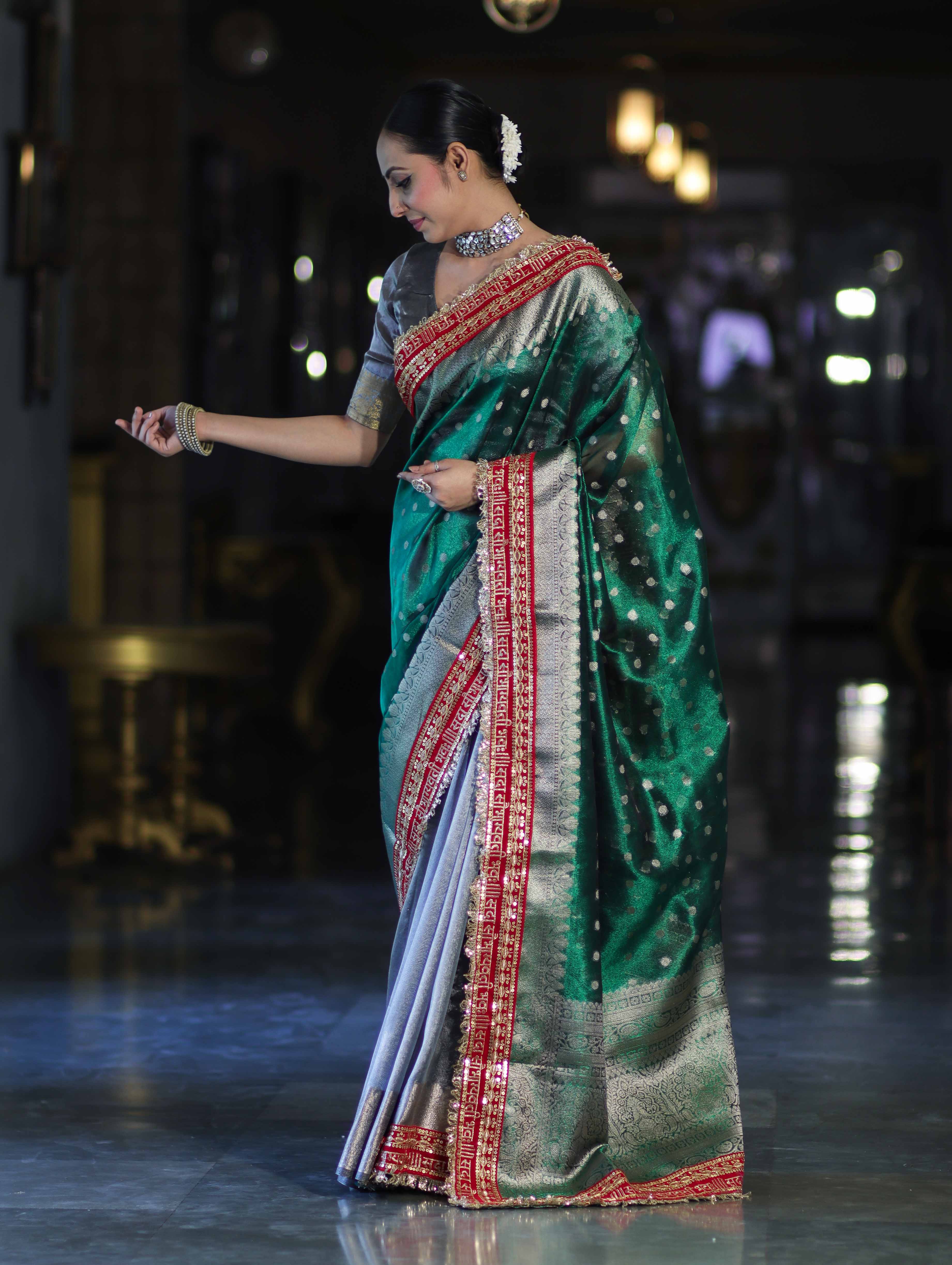 Banarasee Handloom Tissue (Saubhagyavati Bhava) Lace Saree With Buti Design Border & Lace-Green