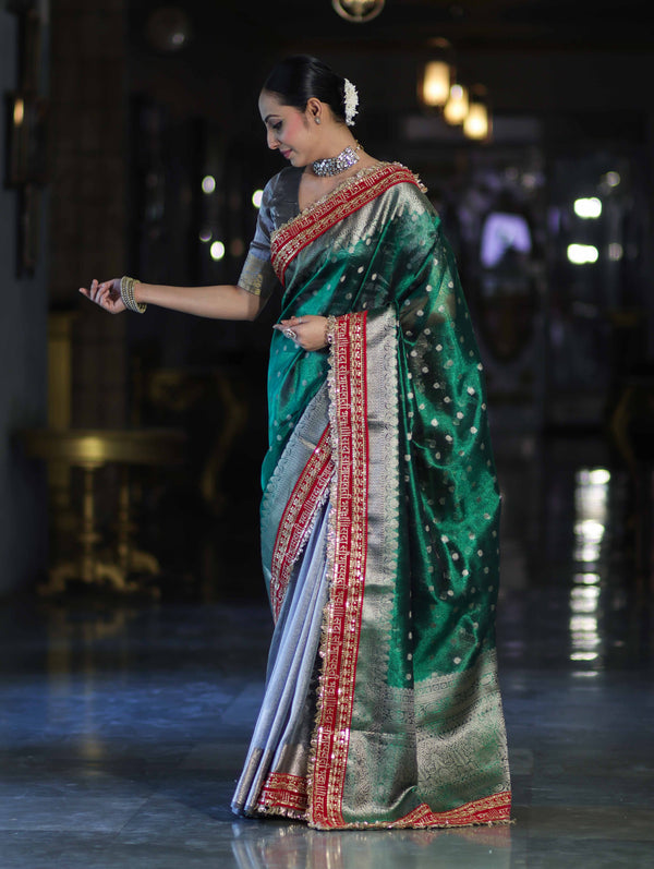Banarasee Handloom Tissue (Saubhagyavati Bhava) Lace Saree With Buti Design Border & Lace-Green