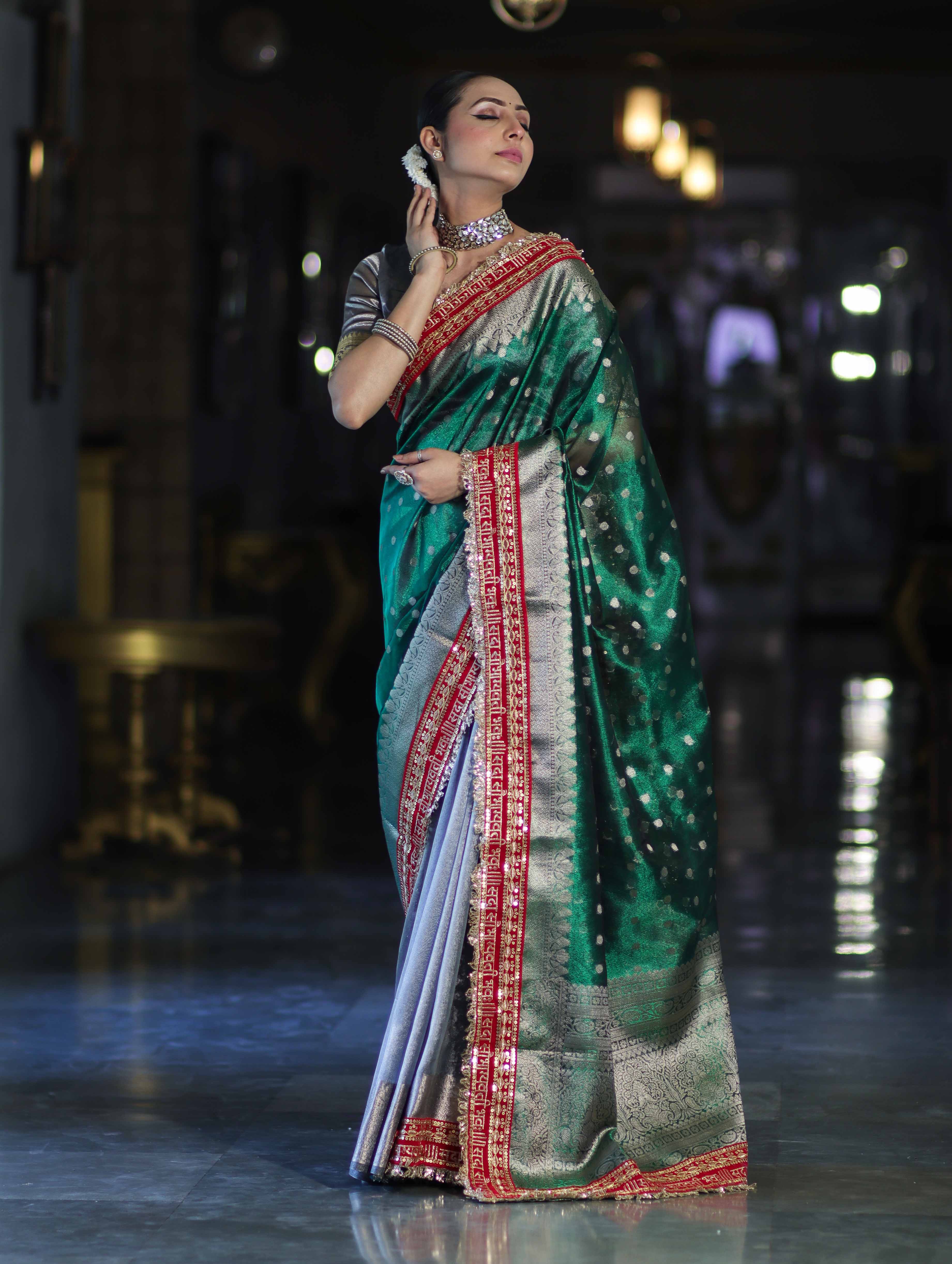 Banarasee Handloom Tissue (Saubhagyavati Bhava) Lace Saree With Buti Design Border & Lace-Green