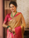 Banarasee Handwoven Plain Tissue Saree With Contrast Zari Border-Gold & Pink