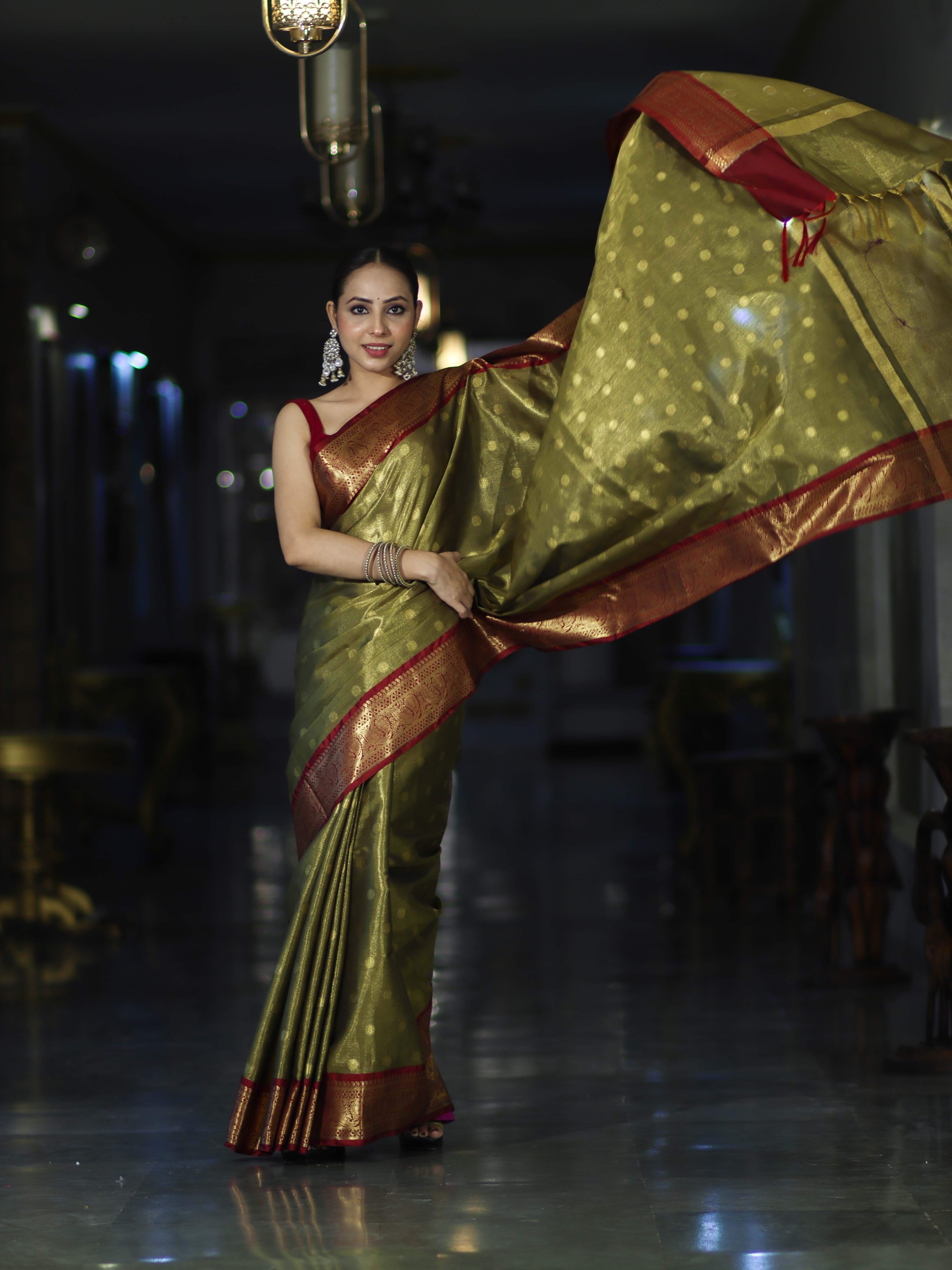 Banarasee Handloom Tissue Saree With Buti Design & Contrast Border-Olive Green & Maroon