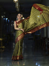 Banarasee Handloom Tissue Saree With Buti Design & Contrast Border-Olive Green & Maroon
