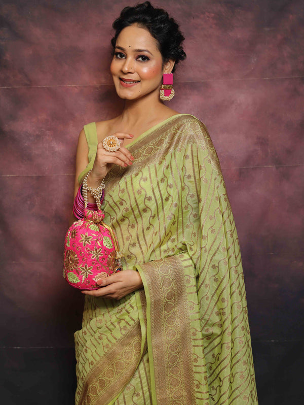 Banarasee Semi-Chiffon Antique Zari Saree-Light Green