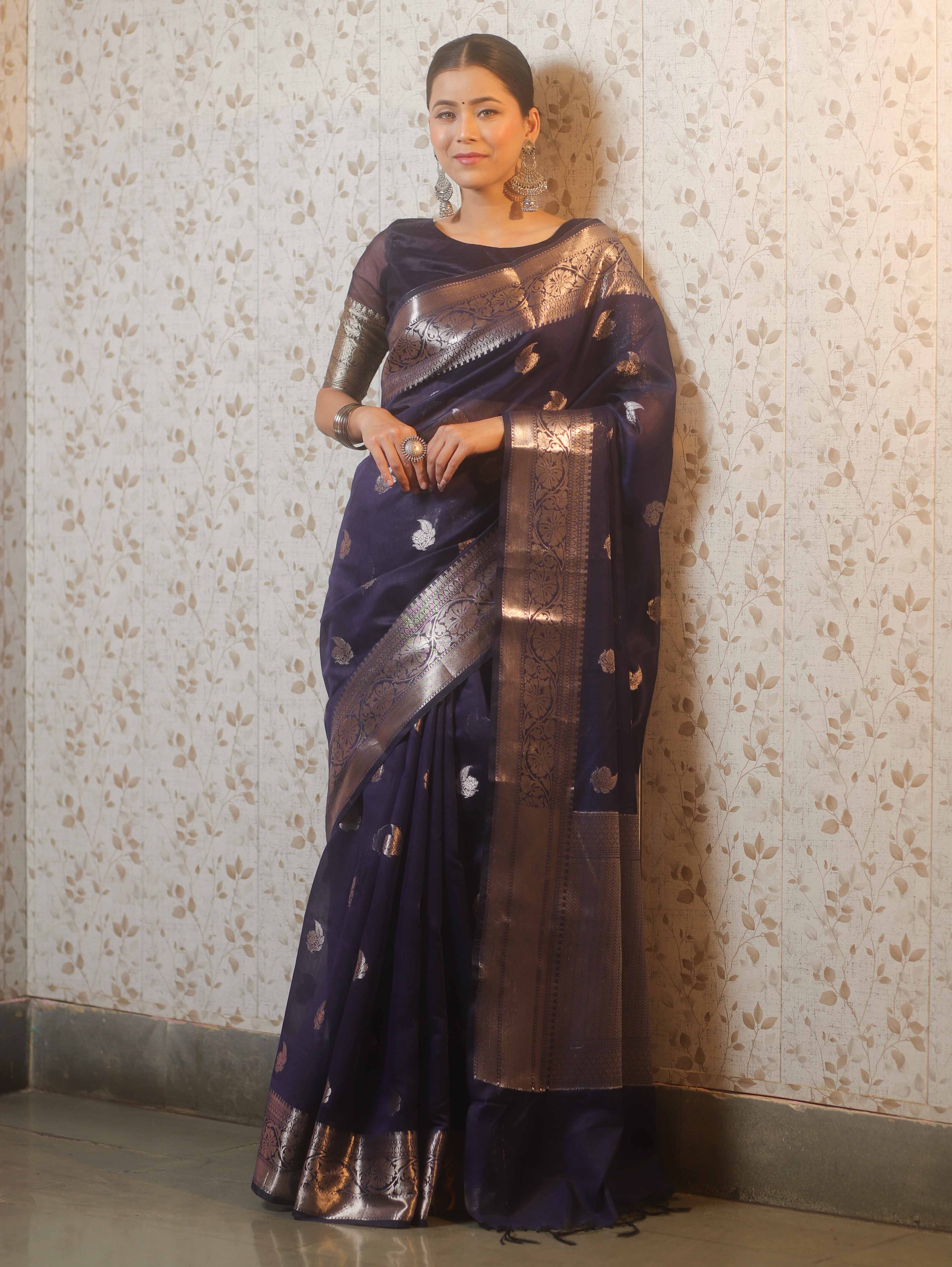 Banarasee Handwoven Silk Cotton Saree With Zari Buti & Border-Deep Blue