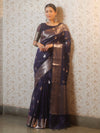 Banarasee Handwoven Silk Cotton Saree With Zari Buti & Border-Deep Blue