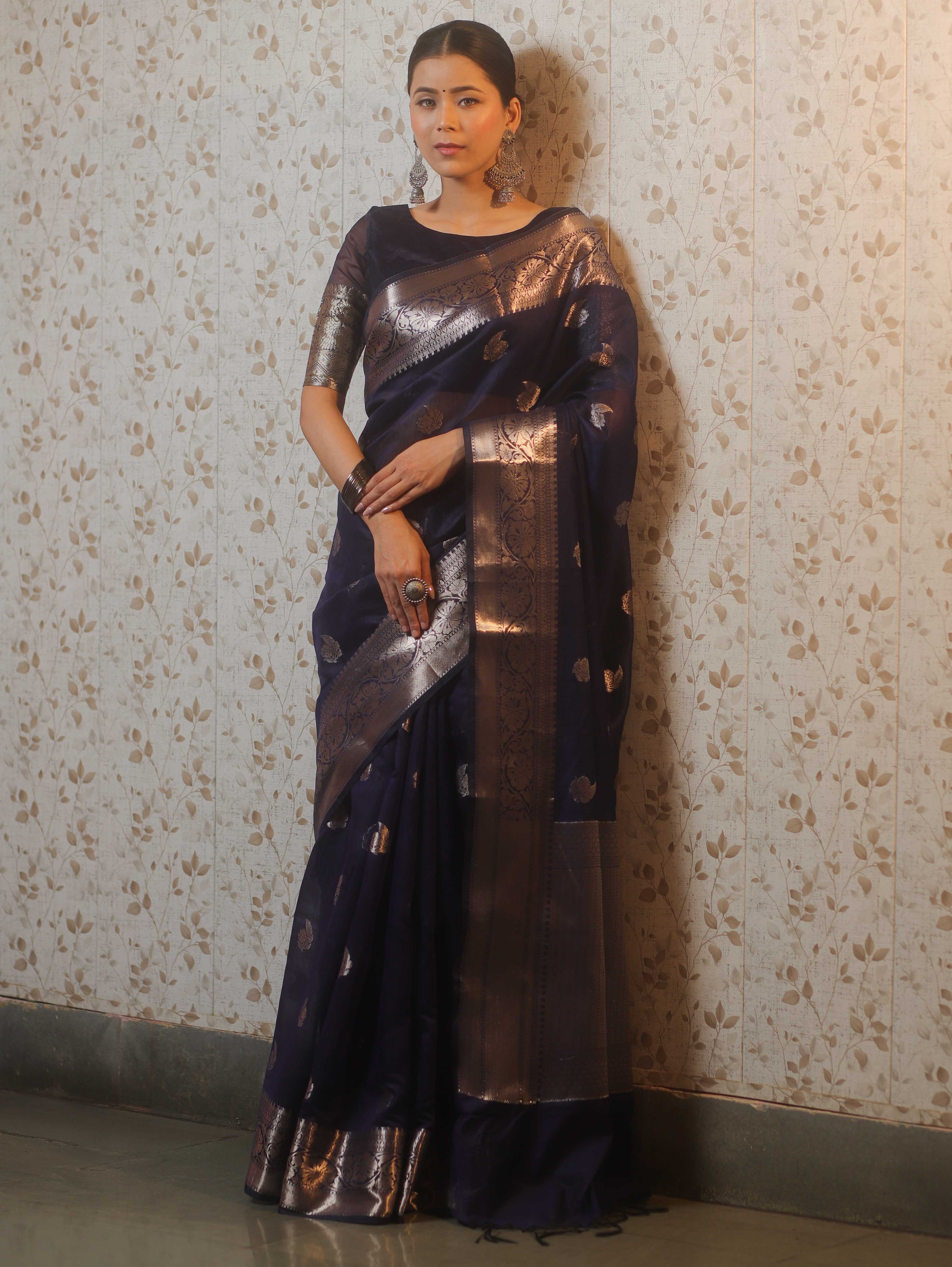 Banarasee Handwoven Silk Cotton Saree With Zari Buti & Border-Deep Blue