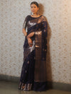 Banarasee Handwoven Silk Cotton Saree With Zari Buti & Border-Deep Blue