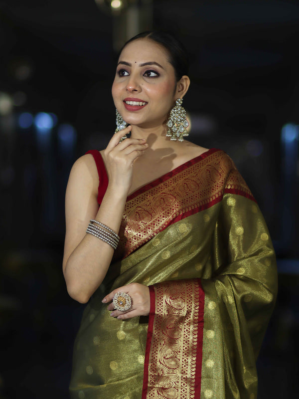 Banarasee Handloom Tissue Saree With Buti Design & Contrast Border-Olive Green & Maroon