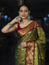 Banarasee Handloom Tissue Saree With Buti Design & Contrast Border-Olive Green & Maroon