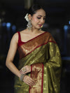 Banarasee Handloom Tissue Saree With Buti Design & Contrast Border-Olive Green & Maroon