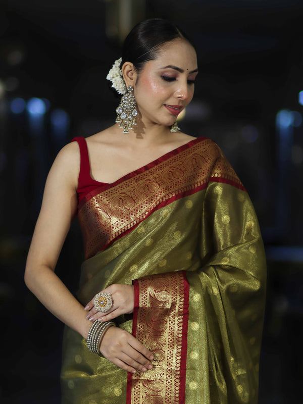 Banarasee Handloom Tissue Saree With Buti Design & Contrast Border-Olive Green & Maroon