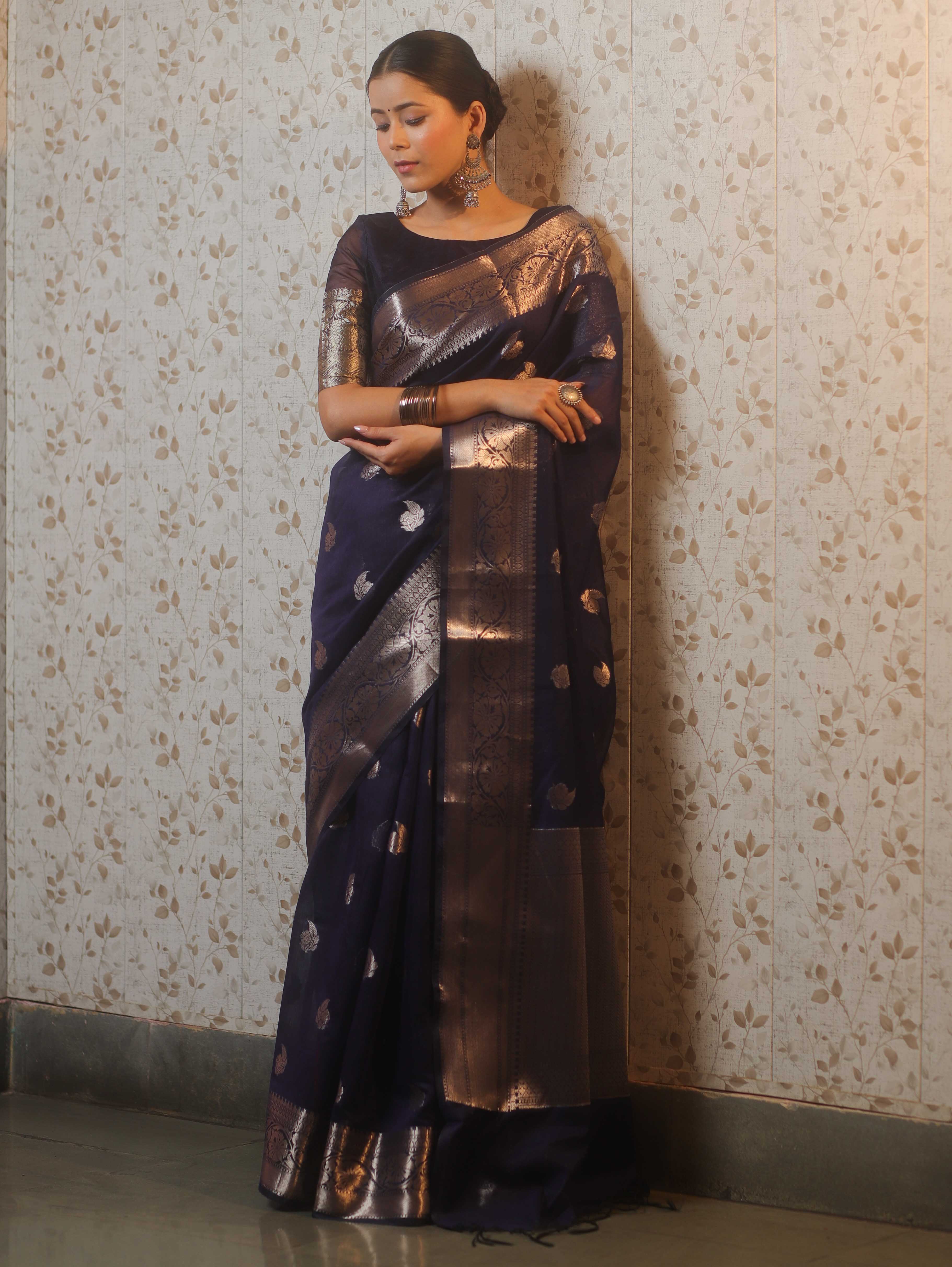 Banarasee Handwoven Silk Cotton Saree With Zari Buti & Border-Deep Blue