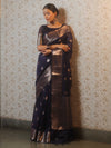 Banarasee Handwoven Silk Cotton Saree With Zari Buti & Border-Deep Blue