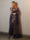 Banarasee Handwoven Silk Cotton Saree With Zari Buti & Border-Deep Blue