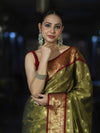 Banarasee Handloom Tissue Saree With Buti Design & Contrast Border-Olive Green & Maroon